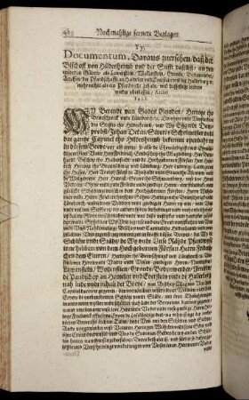Yy. Documentum, Daraus zu ersehen, daß der Bischoff von Hildesheimb und der Stifft daselbst, an den eröberten Gütern [...] Anno 1452.