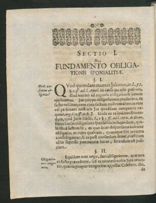 Sectio I. De Fundamento Obligationis Sponsalitiae.