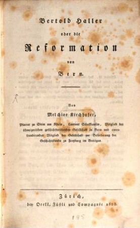 Bertold Haller oder die Reformation von Bern