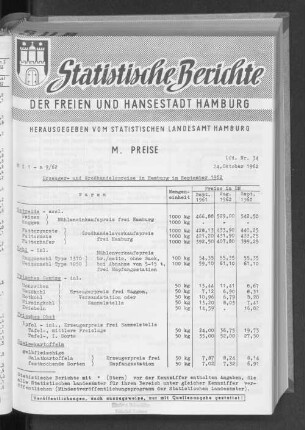 Erzeuger- und Großhandelspreise in Hamburg im September 1962 : Lfd. Nr. 34