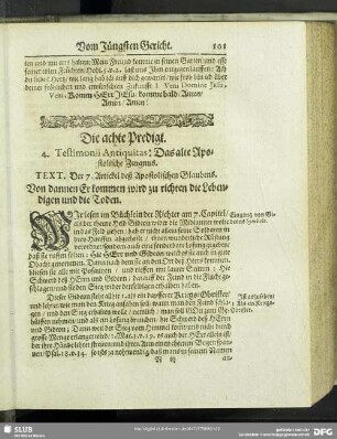 Die achte Predigt. 4. Testimonii Antiquitas: Das alte Apostolische Zeugnus. Text. Der 7. Artickel deß Apostolischen Glaubens