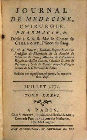 Journal de médecine, chirurgie, pharmacie. 36. 1771