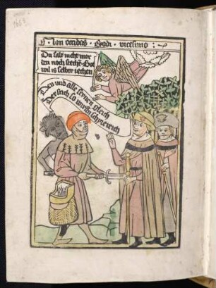 5. Gebot (Du sollst nicht töten). Engel, Teufel, Räuber (Wegelagerer), zwei Pilger