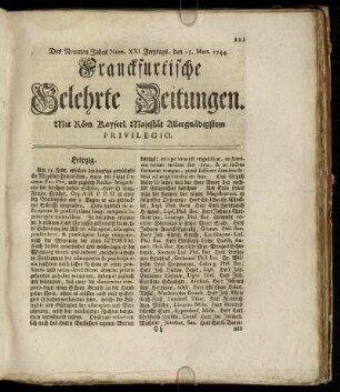 Num. XXI. Freytags, den 13. Mart. 1744 - Num. XXX. Dienstags, den 14. April 1744