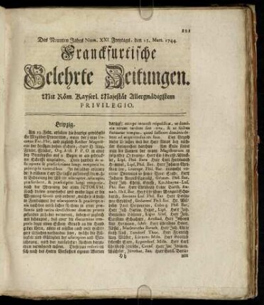 Num. XXI. Freytags, den 13. Mart. 1744 - Num. XXX. Dienstags, den 14. April 1744