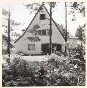 Siedlung Lendelsches Gelände, Potsdam-Bornstedt Wohnhaus Hammerbacher: Wohnhaus, dunkle Holzfensterläden, Terrasse mit Korbstühlen, Riesenbärenklau im Vordergrund, Siedlung Lendelsches Gelände, Potsdam-Bornstedt?
