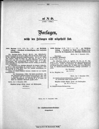 Anlage: ad No. 48 (1061-1062), Vorlagen, welche den Zeitungen nicht mitgetheilt sind