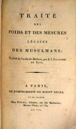Traité des poids et mesures légales des Musulmans