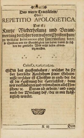 Das vierte Tractätlein, oder Repetitio Apologetica. Das ist: kurtze Wiederholung und Verantwortung der Lehre vom wahren Christenthum, ...