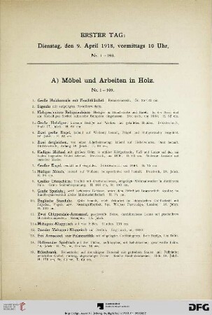 A) Möbel und Arbeiten in Holz (Nr. 1-109)