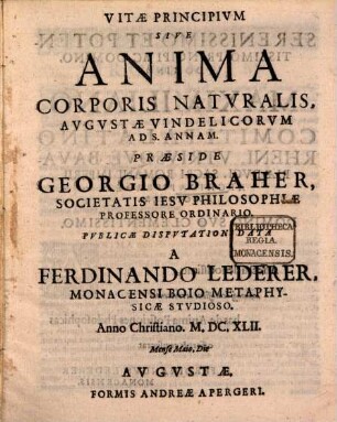 Vitae principium, sive anima corporis naturalis