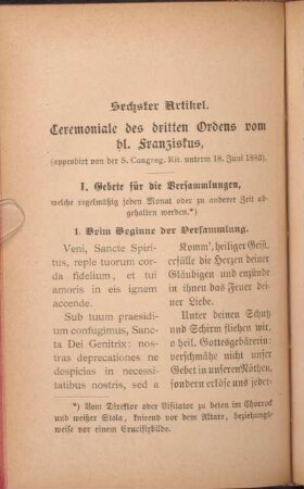 Sechster Artikel. Ceremoniale des dritten Ordens vom hl. Franziskus.