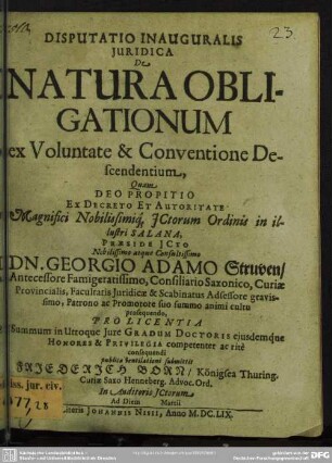 Disputatio inauguralis iuridica de natura obligationum ex voluntate et conventione descendentium