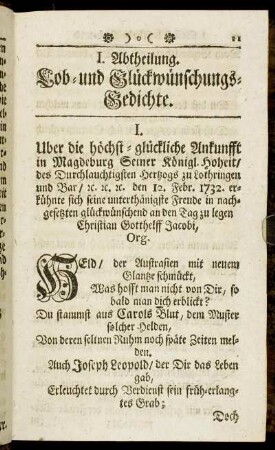 I. Abtheilung. Lob- und Glückwünschungs-Gedichte.