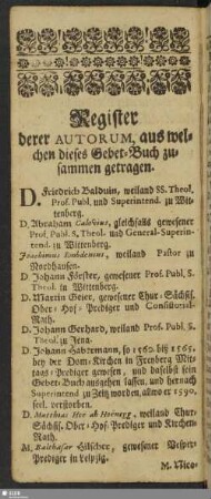 Register derer Autorum, aus welchen dieses Gebet-Buch zusammen getragen