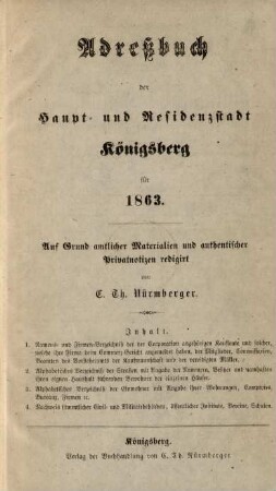 1863: Adreßbuch der Haupt- und Residenzstadt Königsberg i. Pr. und der Vororte