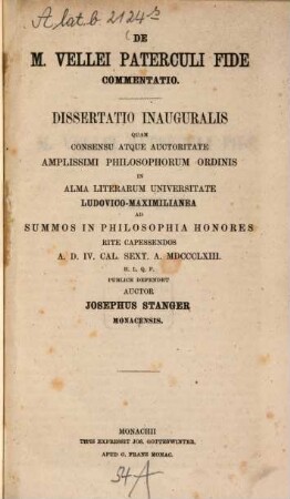 De M. Vellei Paterculi fide commentatio : Diss. inaug.
