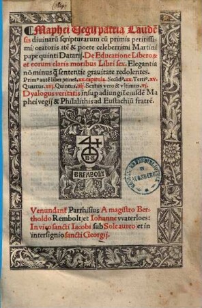De Educatione Liberor[um] et eorum claris moribus : libri sex ...