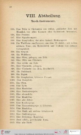 VIII. Abtheilung. Musik-Instrumente (Nr. 985 - 1022)