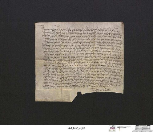 Der bischöfliche Offizial Johannes Wulf beurkundet ein Zeugenverhör im Streit über die Grenze des Schulzenhofes der Familie Rakow in Tzschetzschnow (Güldendorf)