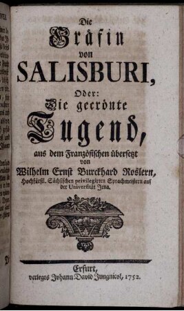 Die Gräfin von Salisburi, Oder: Die gecrönte Tugend...