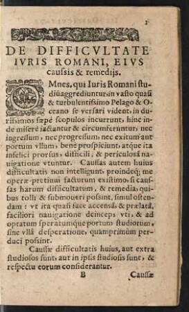 De Difficultate Iuris Romani, Eius caussis & remediis.