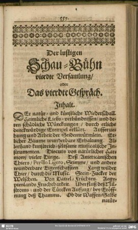 Der lustigen Schau-Bühn vierdte Versamlung, oder Das vierdte Gespräch