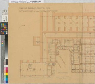 Empfangsgebäude auf dem Hauptbahnhofe Essen: Grundriß Kellergeschoß [mit eingezeichneten Versorgungsleitungen], M. 1:100