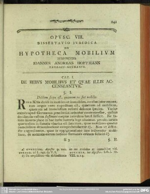 Opusc. VIII. Dissertatio Iuridica De Hypotheca Mobilium ...