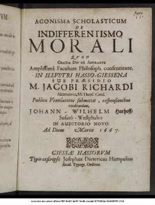 Agonisma Scholasticum De Indifferentismo Morali