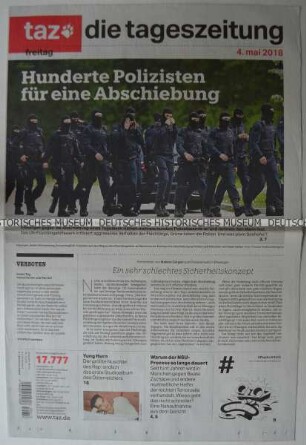 Tageszeitung "taz. die tageszeitung" mit Titel zum abschiebebedingten Polizeieinsatz in einem Asylbewerberheim in Baden-Württemberg