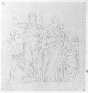 Entwurf zum Nordgiebel : Rietschel, Ernst. Nordgiebel des Berliner Opernhauses: "Die Musik zwischen Ballett und Oper". Entwurf zum Nordgiebel. Durchzeichnung auf Transparentpapier; 21,4 x 20,1 cm. Um 1843. Privatbesitz. WVZ 290 b