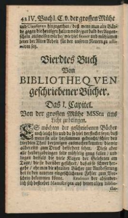 Vierdtes Buch Von Bibliothequen geschriebener Bücher.