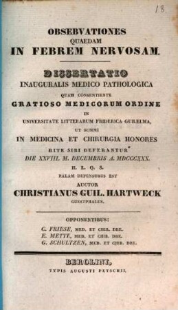 Observationes quaedam in febrem nervosam : Diss. inaug. med. path.