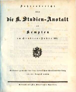Jahresbericht über die Königl. Studien-Anstalt zu Kempten : für das Schuljahr ... 1837/38 (1838)