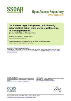 Die Todesanzeige: Viel gelesen, jedoch wenig bekannt: Deskription eines wenig erschlossenen Forschungsmaterials