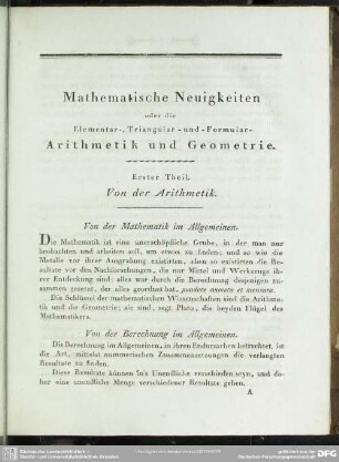 Erster Theil. Von der Arithmetik