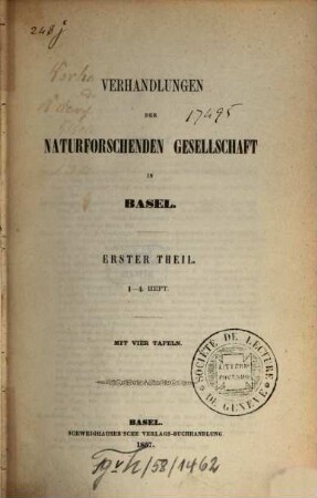 Verhandlungen der Naturforschenden Gesellschaft in Basel : VNG. 1, 1. 1857
