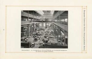 Maschinenhalle I. Im Vordergrunde ein Teil des Prüffeldes, im Hintergrunde Montageraum für mittlere und größere Maschinen