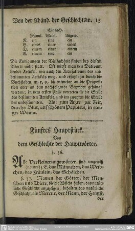 Fünftes Hauptstück. Von dem Geschlechte der Hauptwörter