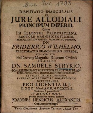 Disputatio Inauguralis De Jure [Iure] Allodiali Principum Imperii