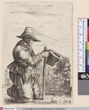 [Knieende Frau in linken Profil mit Gehstock und Hut; Kneeling woman in left profile holding cane and hat]