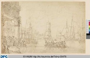 Südlicher Hafen mit großen Schiffen, Booten und einem zerfallenen antiken Palast