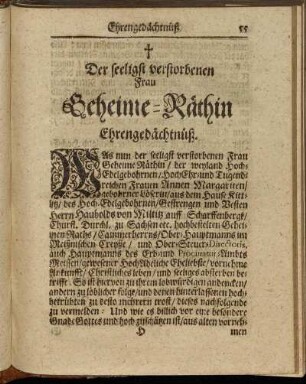 Der seeligst verstorbenen Frau Geheime-Räthin Ehrengedächtnüß.