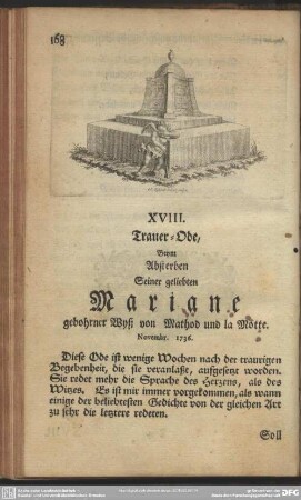 XVIII. Trauer-Oder, Beym Absterben Seiner geliebten Mariane gebohrner Wyß von Mathod und la Motte, Novembr. 1736