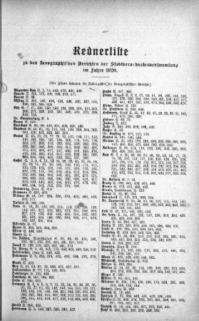 Rednerliste zu den stenographischen Berichten der Stadtverordnetenversammlung im Jahre 1920