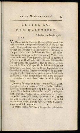 57-71, Lettre XXI. de M. d'Alembert. - Lettre XXVI. de M. d'Alembert.