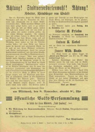 Wahlaufruf der Sozialdemokratischen Partei, zur Stadtverordnetenwahl den Kandidaten Kolporteur H. Friebe zu wählen