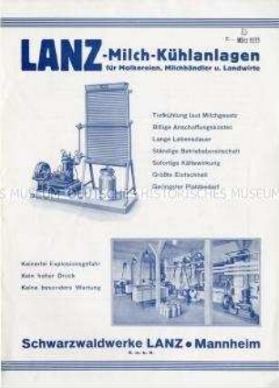 Lanz-Milch-Kühlanlagen für Molkereien, Milchhändler u. Landwirte