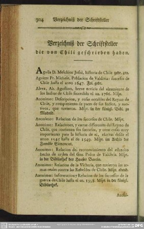 Verzeichniß der Schriftsteller die von Chili geschrieben haben
